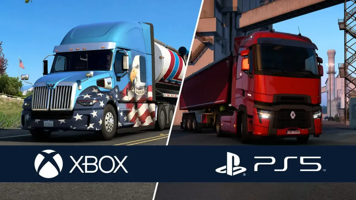 Ciężarówka w amerykańskich barwach i czerwony ciągnik w Euro Truck Simulator 2 na PS5.