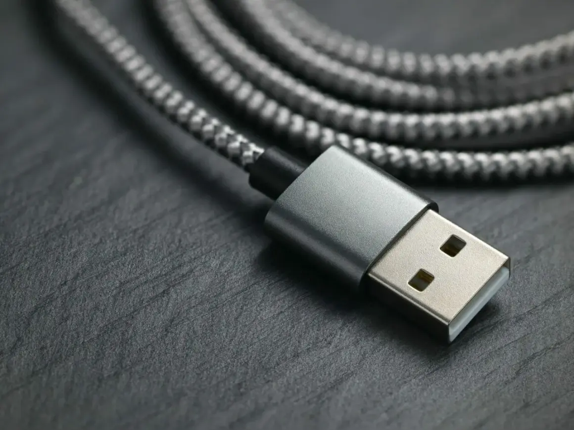 Szary kabel USB z wtyczką, gotowy do podłączenia urządzeń. Czy to USB 2.0, czy szybszy USB 3.0?