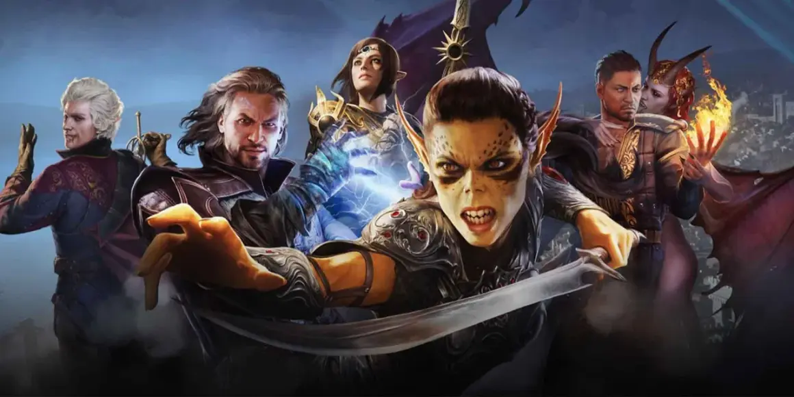Postacie z Baldur's Gate 4: groźna goblinica, czarodziejka, mężczyzna z mocą i demonica z ogniem.