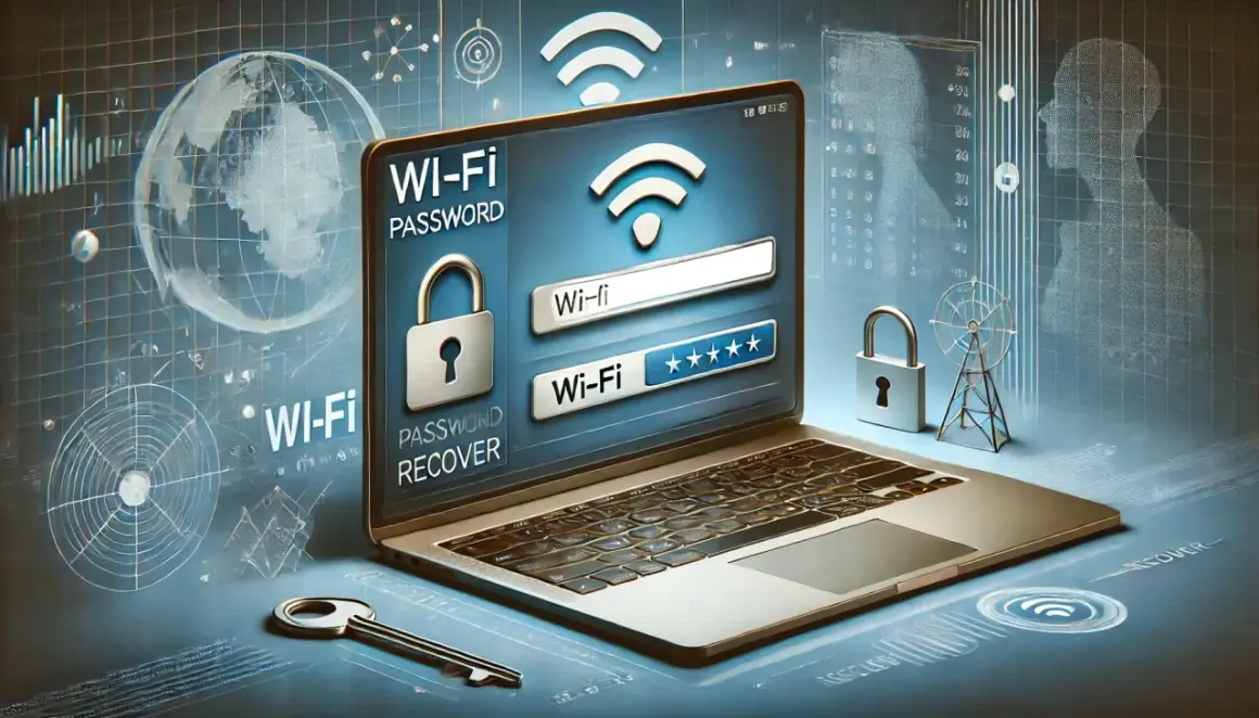 Jak sprawdzić hasło do Wi-Fi? Laptop z ekranem pokazującym okno logowania do sieci Wi-Fi, z ikonami zamków i kluczem.