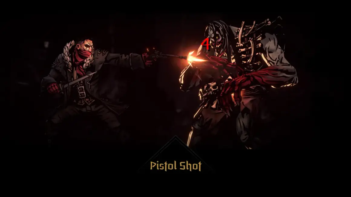 Bohater z **Darkest Dungeon 2** strzela z pistoletu do potwora.