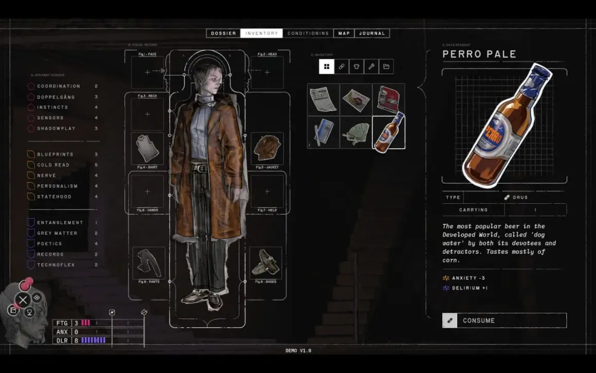 Interfejs gry Disco Elysium: postać, ekwipunek, statystyki i opis piwa Perro Pale. Poradnik Disco Elysium.