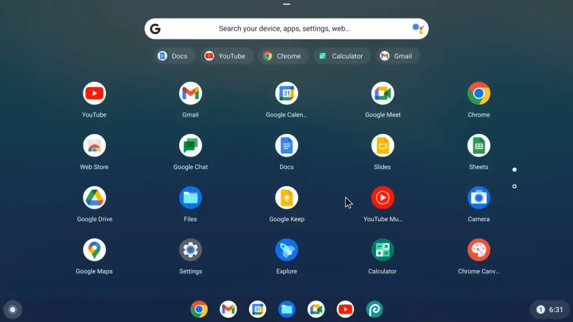 Ekran startowy systemu **Chrome OS** z ikonami aplikacji Google: YouTube, Gmail, Kalendarz, Meet, Chrome, Sklep Play, Dokumenty, Arkusze i inne.