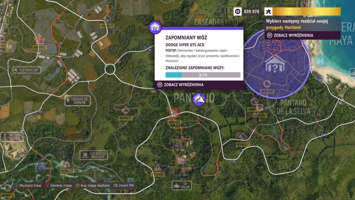 Mapa Forza Horizon 5 z zaznaczonymi zaginionymi autami. Znaleziono 3 z 14 Dodge Viper GTS ACR.