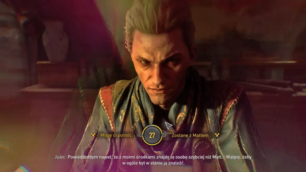 Juan z Dying Light 2: Zakonczenia, oferuje pomoc. Jego twarz jest poważna, a w tle widać przedmioty.