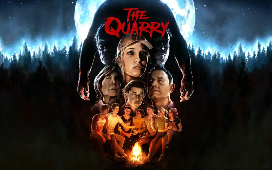 Grupa młodych ludzi przy ognisku, nad nimi groźne twarze i tytuł "The Quarry". Ich wybory zadecydują o przetrwaniu.