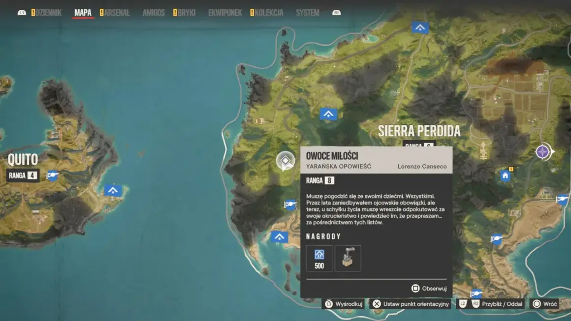 Mapa Far Cry 6 z zaznaczonym zadaniem "Owoce miłości" w regionie Sierra Perdida.