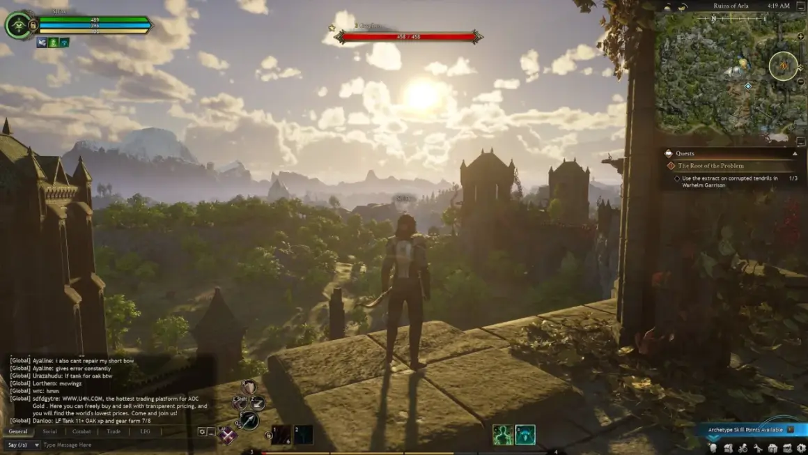 Postać w grze MMORPG Ashes of Creation stoi na murze, podziwiając ruiny i góry. Słońce przebija się przez chmury.