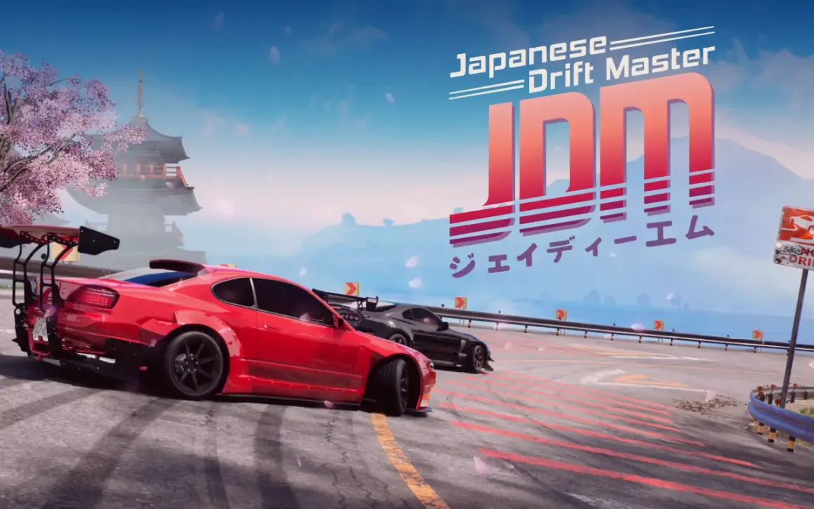 JDM Japanese Drift Master: czerwony i czarny samochód driftują na torze, w tle japońska pagoda i kwitnąca wiśnia.