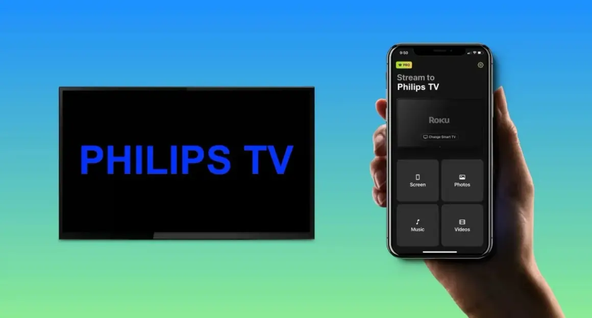 Klonowanie ekranu iPhone na Philips TV. Aplikacja pozwala na strumieniowanie ekranu, zdjęć, muzyki i filmów.