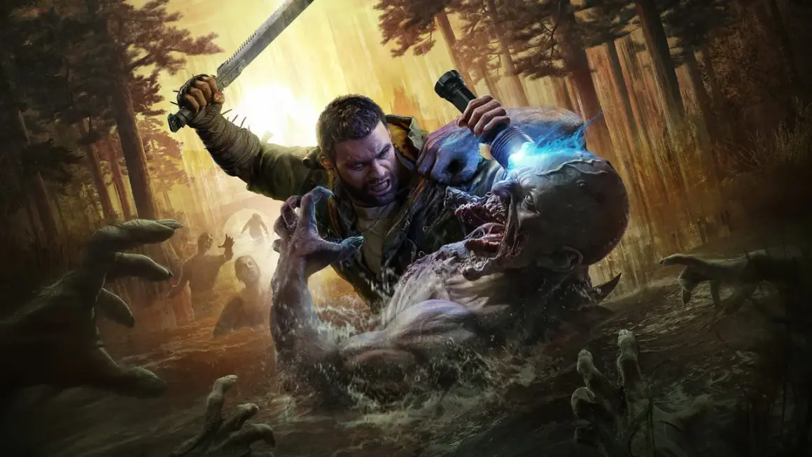 Aiden walczy z potworem w wodzie, otoczony przez zombie. Ten obraz to fragment poradnika Dying Light 2.