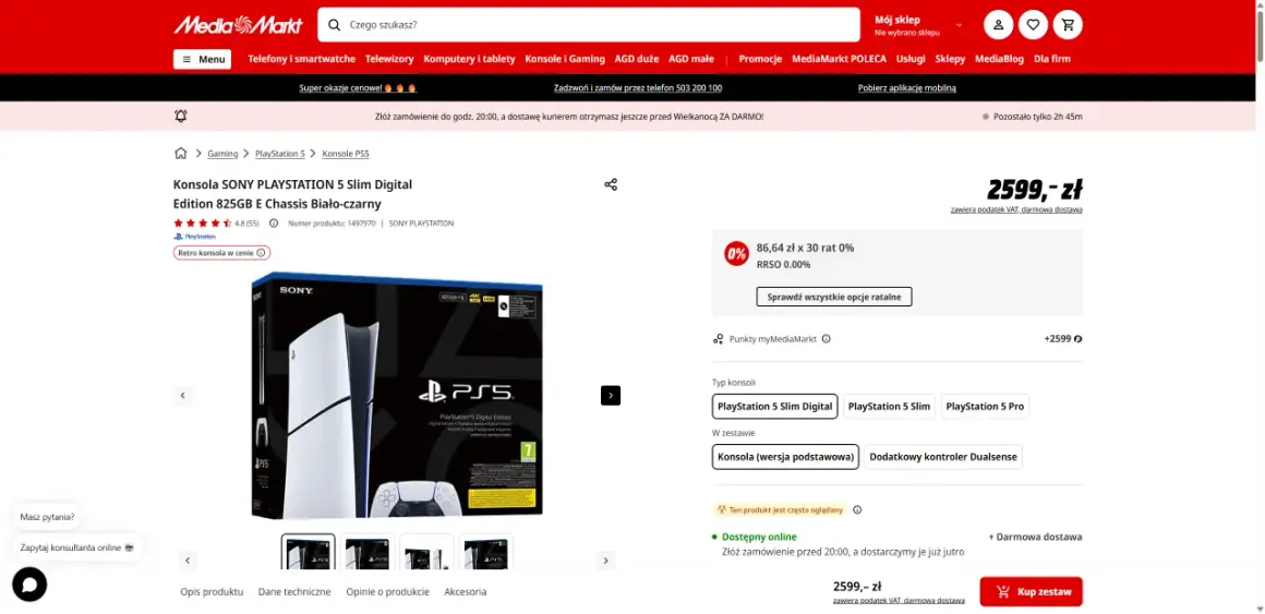 Premiera PS5 Slim Digital Edition w Media Markt. Konsola Sony PlayStation 5 w kolorze biało-czarnym, 825GB.