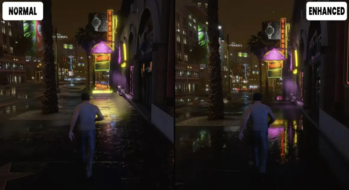 Porównanie grafiki GTA V: "Normal" vs "Enhanced". Lepsza jakość i detale w wersji "Enhanced" mogą sugerować wyższe gta 5 wymagania.