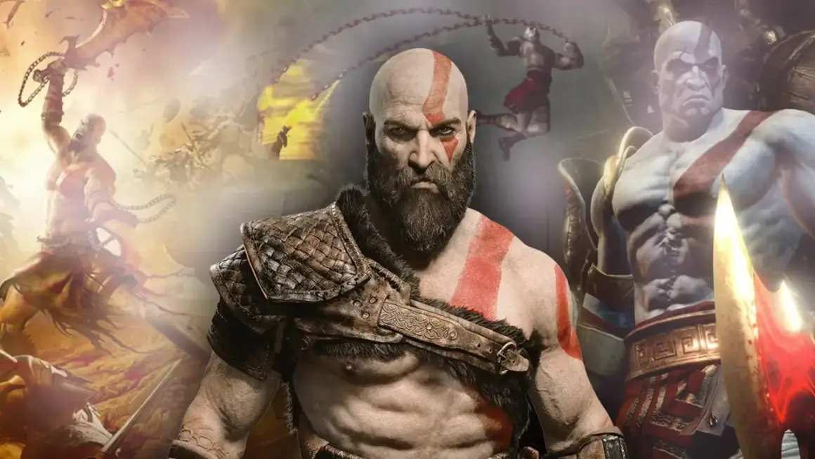 Kratos, bóg wojny, w swoim epickim remake'u. Widzimy go w centrum, z bliznami i groźnym spojrzeniem, otoczonego scenami walki.