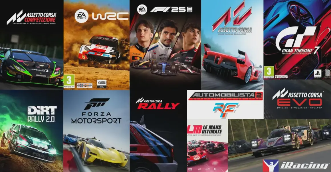 Kolaż okładek gier wyścigowych: Assetto Corsa Competizione, WRC, F1 2020, Gran Turismo 7, Dirt Rally 2.0, Forza Motorsport, Assetto Corsa Rally, Automobilista 2, Assetto Corsa Evo, Le Mans Ultimate, iRacing.