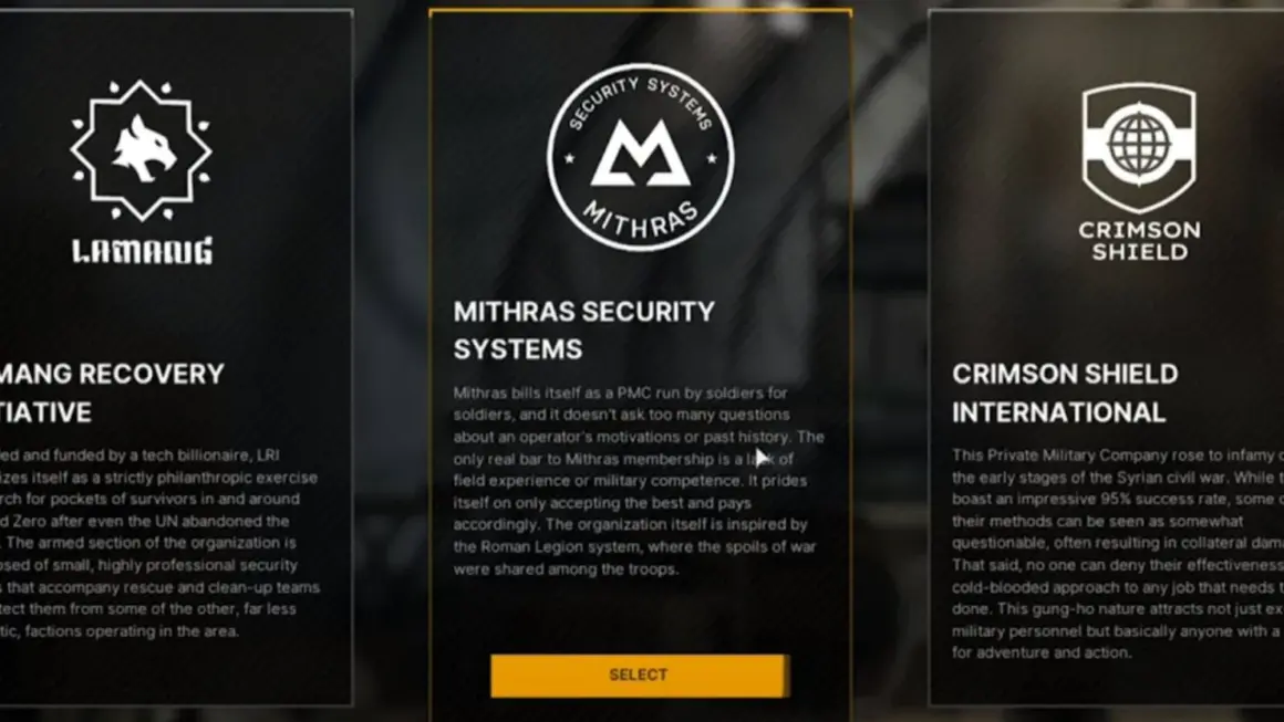 Wybór frakcji w grze: LAMAANG, MITHRAS SECURITY SYSTEMS, CRIMSON SHIELD. Symbole i opisy sugerują świat gry z elementami szarej strefy wojny.