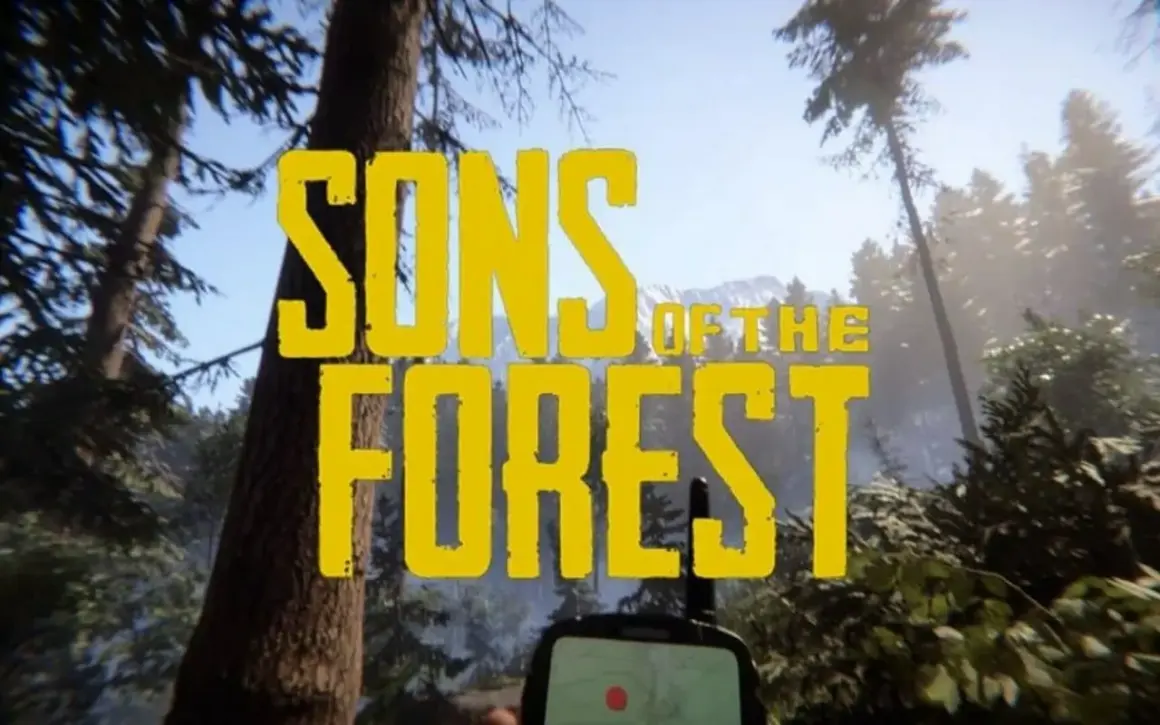 Napis "SONS OF THE FOREST" na tle lasu i gór. Gra survivalowa, która wkrótce pojawi się na Xbox.