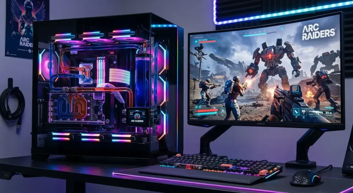 Komputer z podświetleniem RGB i ekranem wyświetlającym grę Arc Raiders.