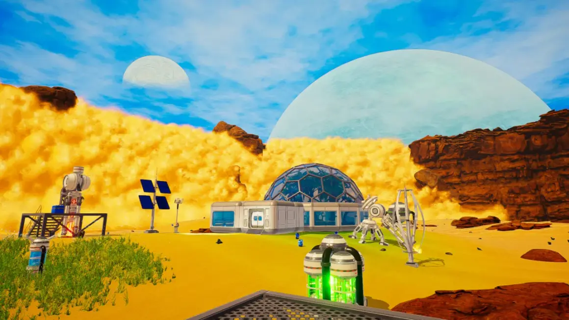 Baza **planet crafter** na obcej planecie: kopuła, panele słoneczne, roboty i dziwne formacje skalne pod dwoma księżycami.