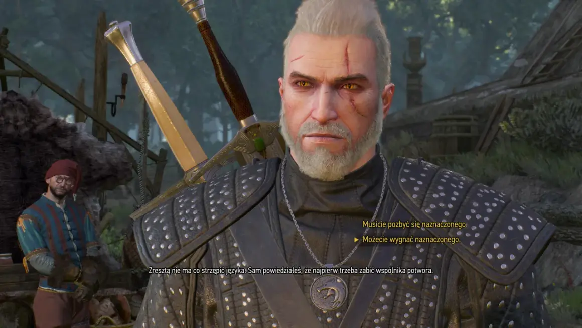 Wiedźmin 3 w sercu lasu: Geralt z Rivii w rozmowie, zastanawia się, co wybrać. Czy pozbyć się naznaczonego, czy go wygnać?