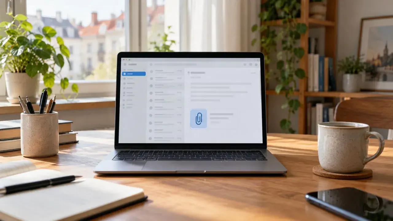 Laptop z otwartym mailem i podejrzanym załącznikiem na biurku