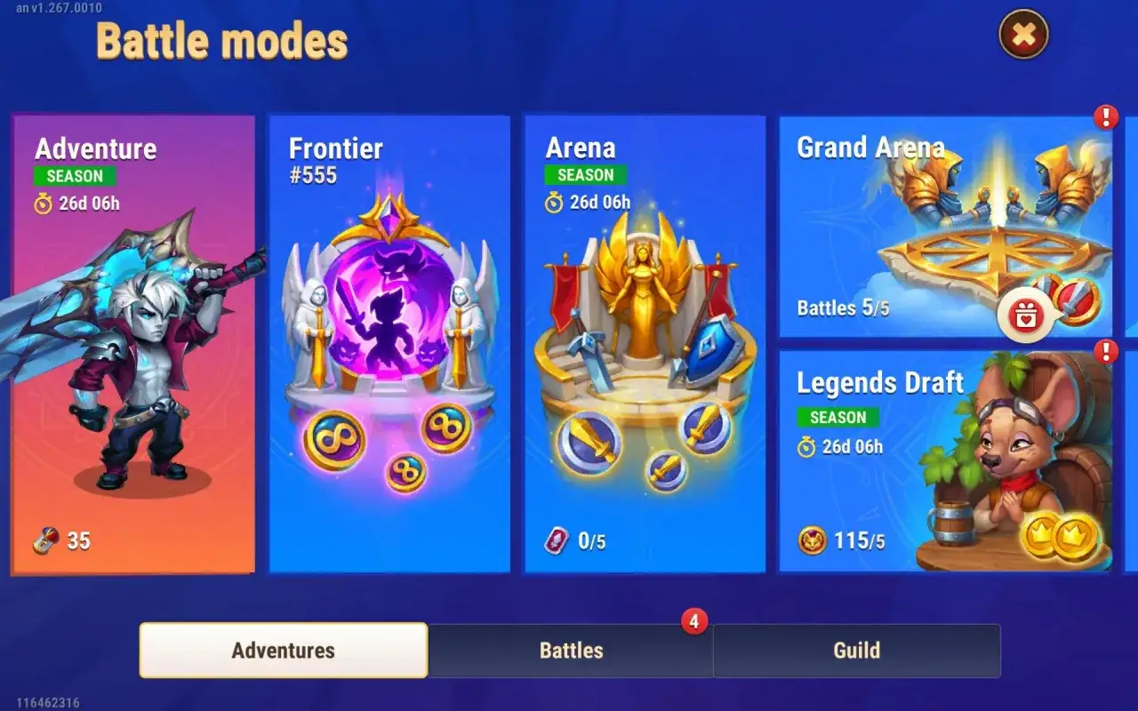Wybierz tryb gry w Hero Wars Online: Przygoda, Arena, Grand Arena lub Frontier.