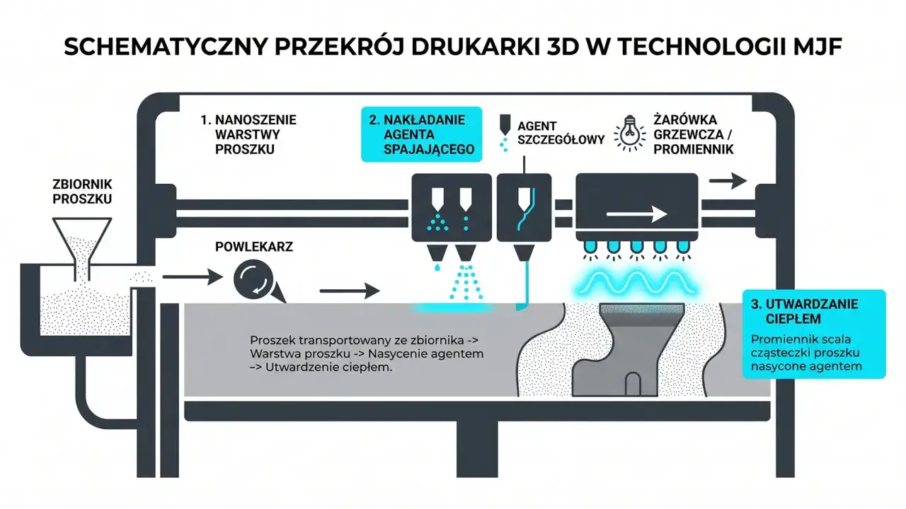 Schematyczny przekrój drukarki 3D MJF: nanoszenie proszku, nakładanie agenta spajającego, utwardzanie ciepłem. Tak działa drukarka 3D.