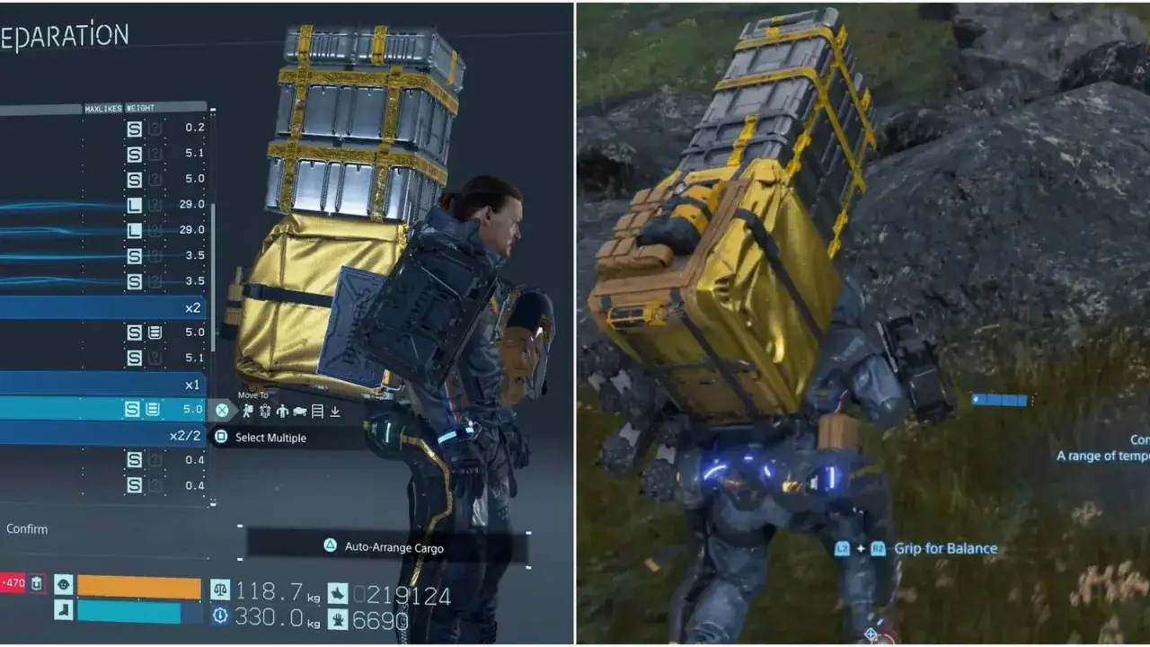 Sam Porter Bridges z ogromnym ładunkiem na plecach. Poradnik do Death Stranding pokazuje, jak efektywnie zarządzać ekwipunkiem.