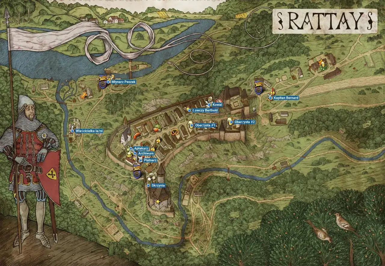Mapa Rattay z zaznaczonymi lokacjami. Na pierwszym planie rycerz, w oddali ptaszek w garści kingdom come.