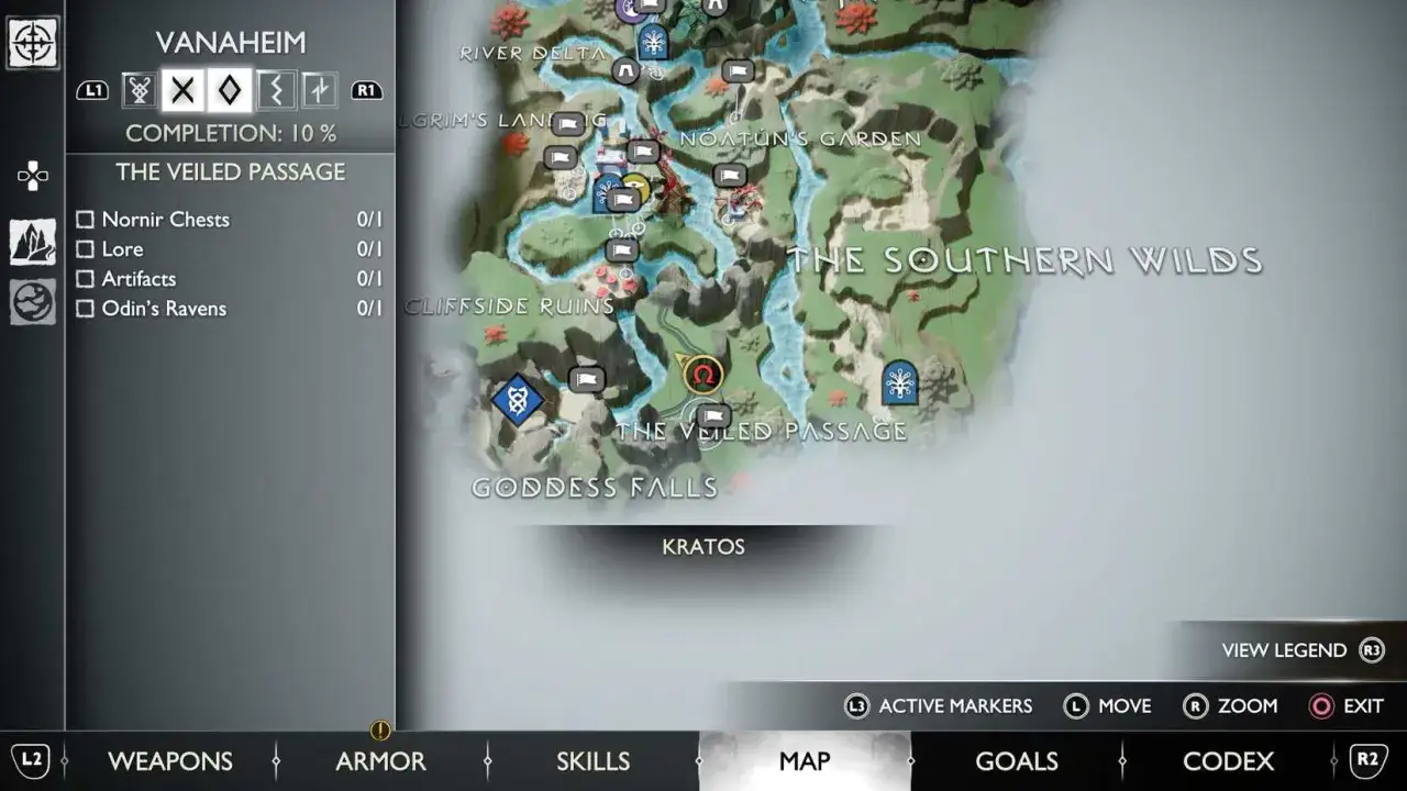 Mapa Vanaheim z zaznaczonymi skrzyniami Norn w God of War Ragnarok.
