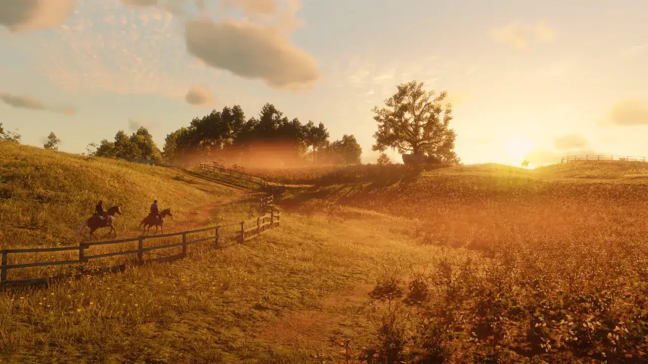 Zachód słońca nad prerii, dwaj jeźdźcy na koniach przemierzają malowniczą ścieżkę. Czy to zapowiedź Red Dead Redemption 3 kiedy?