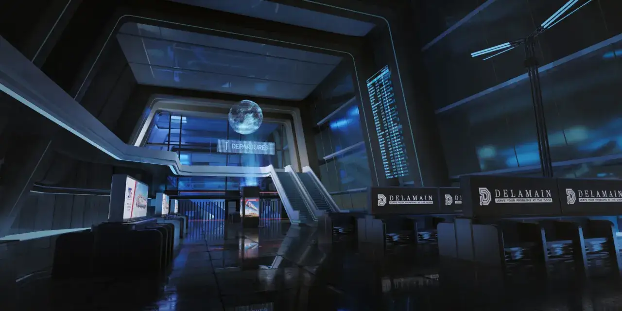 Nowoczesny terminal z neonowym blaskiem, gdzie ciernie i gwiazdy cyberpunk splatają się w futurystyczną wizję.