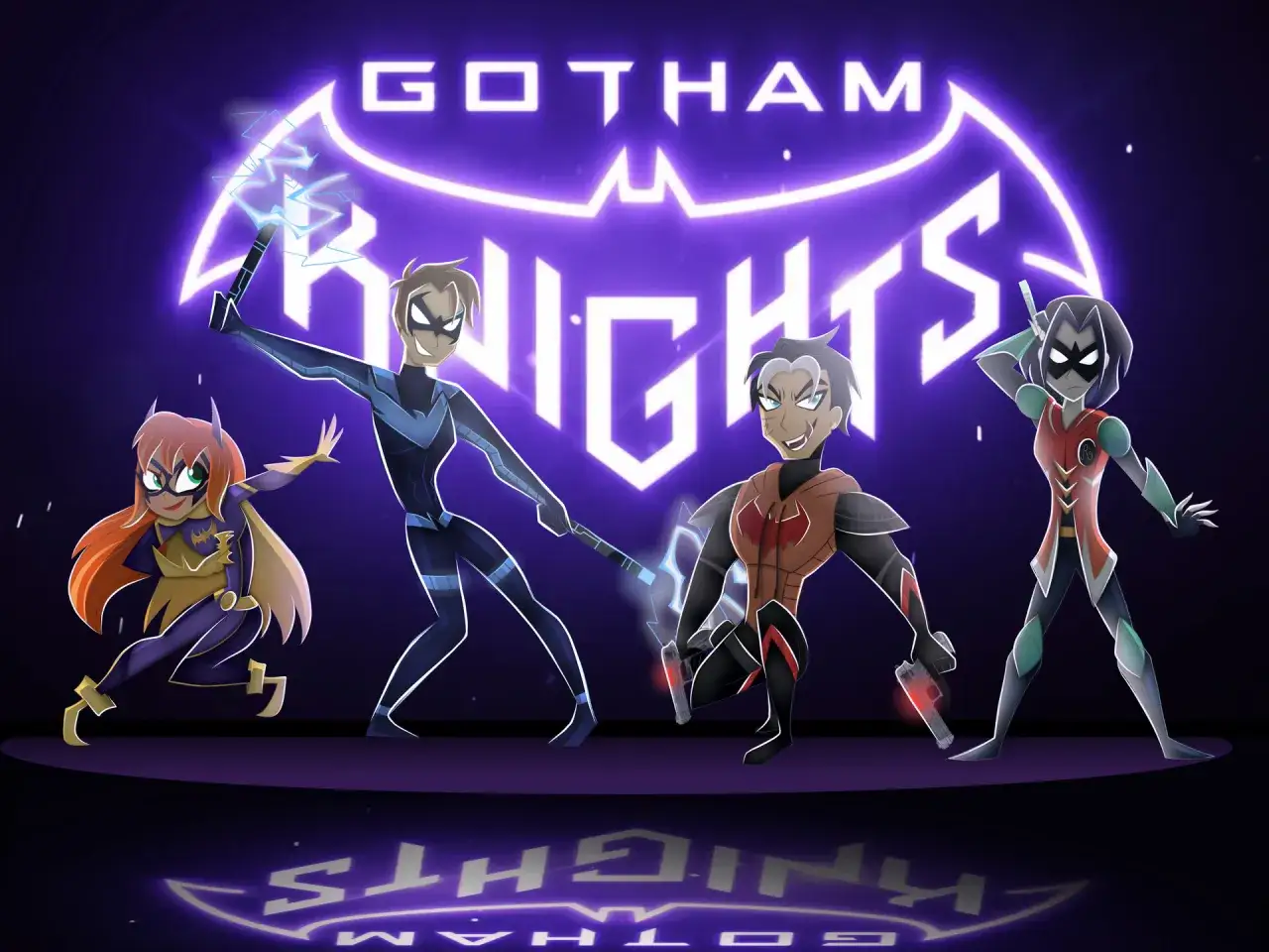 Cztery młode postacie z Gotham Knights w dynamicznych pozach, gotowe do akcji.