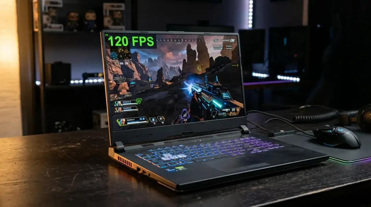 Laptop z podświetlaną klawiaturą i grą na ekranie, pokazujący 120 FPS. Zintegrowana karta graficzna zapewnia płynną rozgrywkę.