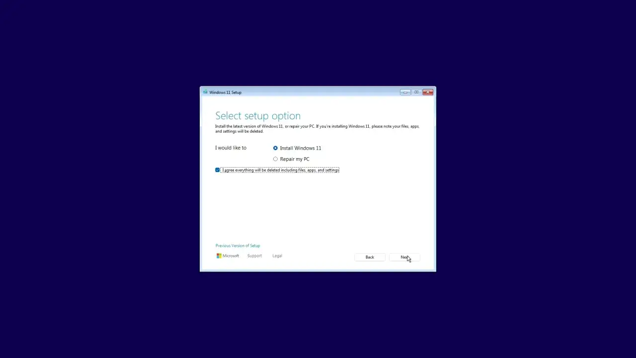 Ekran wyboru opcji instalacji Windows 11. Zaznacz 