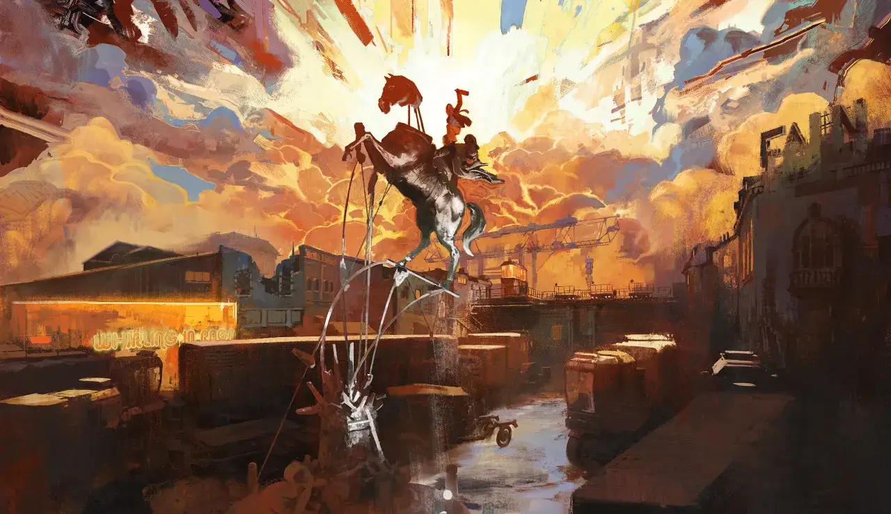 Niesamowita wizja Disco Elysium 2: człowiek na szczudłach na koniu, nad miastem w ogniu zachodzącego słońca.