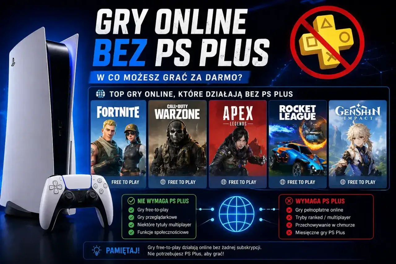 Konsola PlayStation 5 z kontrolerem, obok lista gier online dostępnych bez PS Plus, takich jak Fortnite, Warzone, Apex Legends, Rocket League i Genshin Impact.