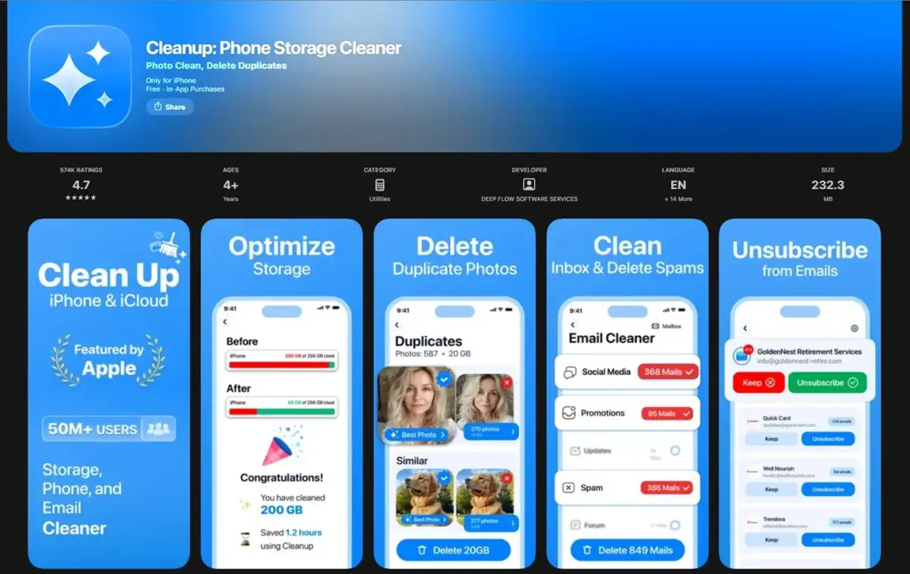 Aplikacja Cleanup: Phone Storage Cleaner pomaga jak zwolnić miejsce na dysku, usuwając duplikaty zdjęć i niechciane maile.