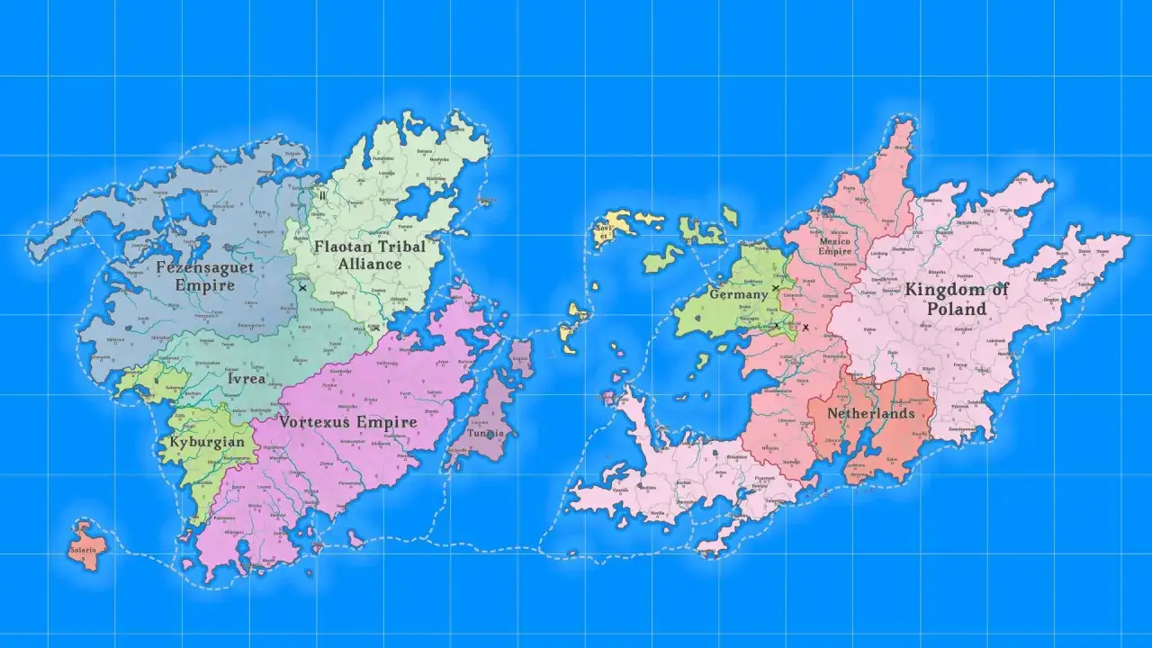 Mapa świata z krainami: Fezensaguet Empire, Flaotan Tribal Alliance, Vortexus Empire, Kingdom of Poland, Germany, Mexico Empire, Netherlands, Tunisia. To jest świat z gry Age of Wonders.