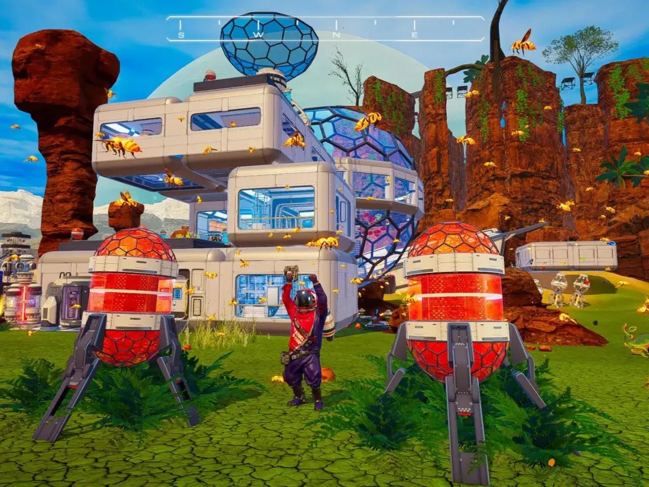 Gracz w grze Planet Crafter buduje bazę wśród latających owadów i czerwonych skał.