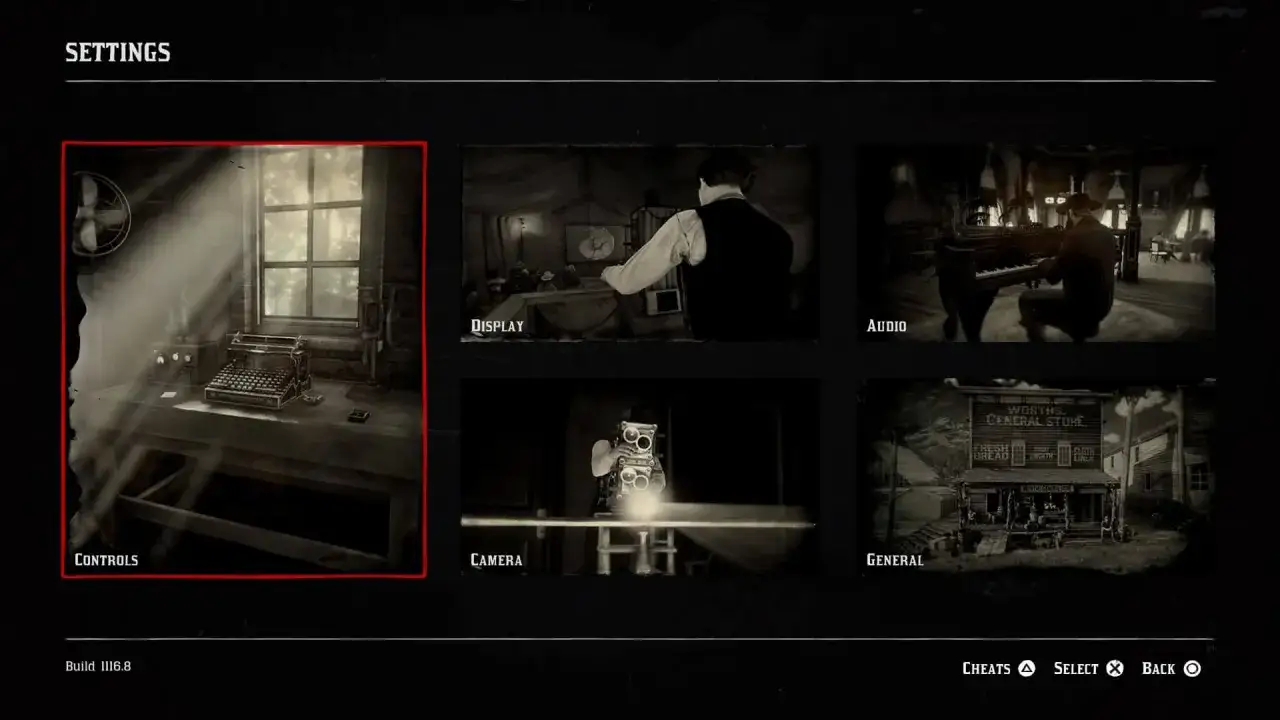 Menu ustawień gry, gdzie można sprawdzić, czy Red Dead Redemption 2 jest po polsku. Widoczne opcje: Kontrolki, Wyświetlanie, Dźwięk, Kamera, Ogólne.