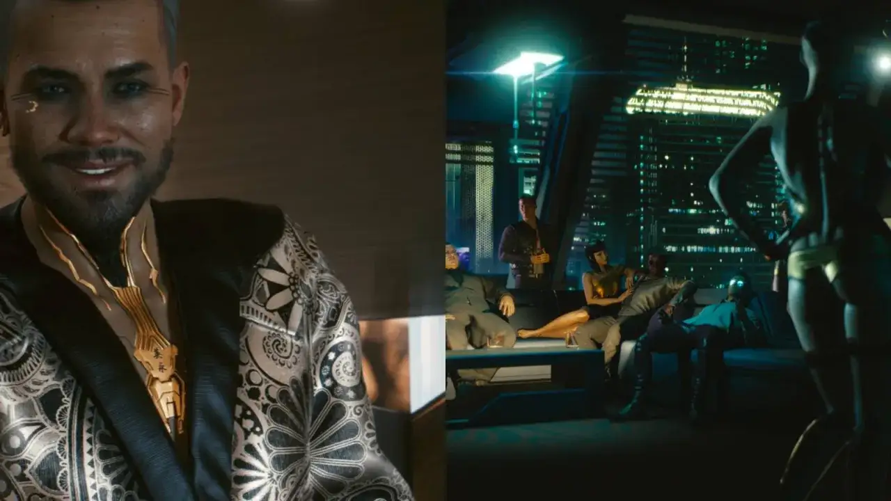Mroczna materia cyberpunk: mężczyzna w ozdobnym stroju i grupa ludzi w futurystycznym mieście.