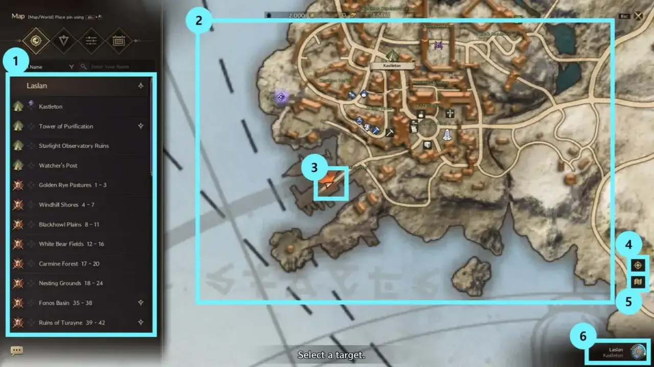 Mapa gry z zaznaczonymi lokacjami. W menu po lewej widać listę miejsc, w tym 