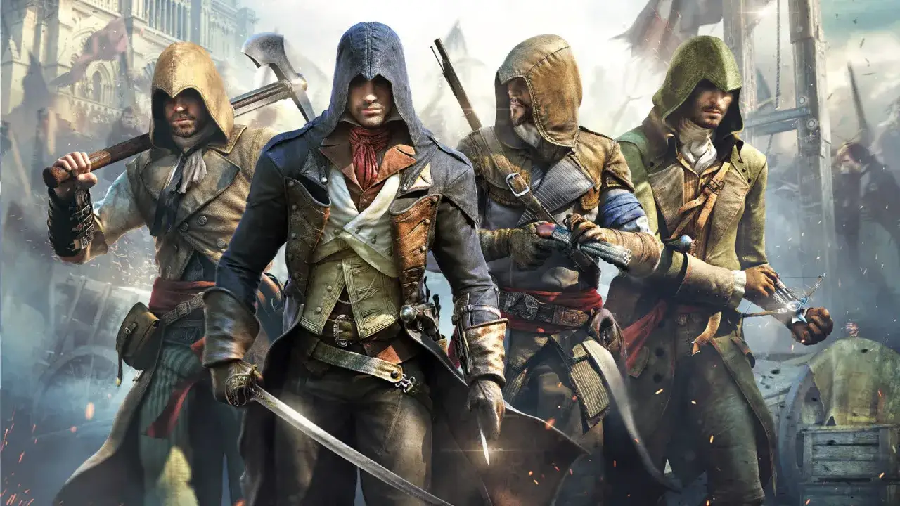 Czterech zabójców z Assassin's Creed gry, uzbrojonych w miecze i topory, gotowych do akcji na tle paryskiego krajobrazu.
