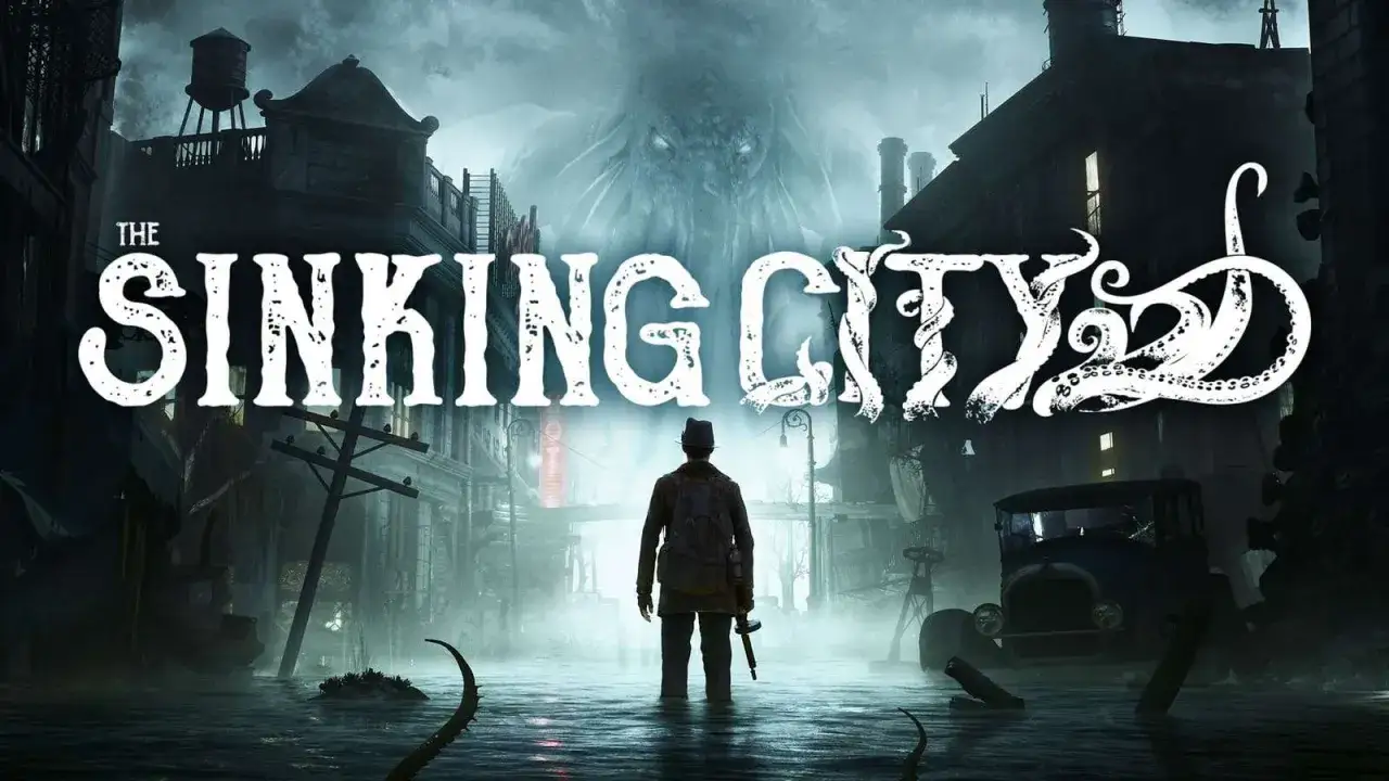 Mroczne miasto, zalane wodą, z potworem w tle. Człowiek w kapeluszu stoi po kolana w wodzie, trzymając broń. To the sinking city.