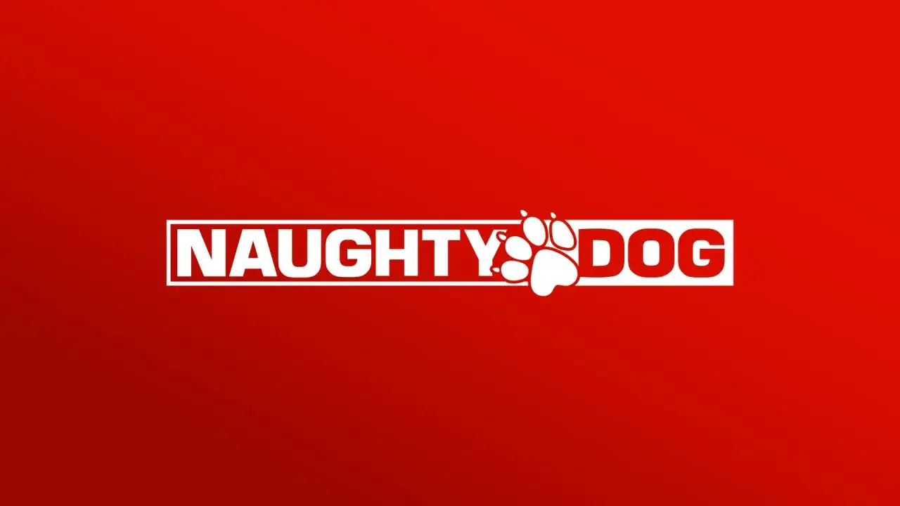 Białe logo Naughty Dog na czerwonym tle. Psia łapa zastępuje literę