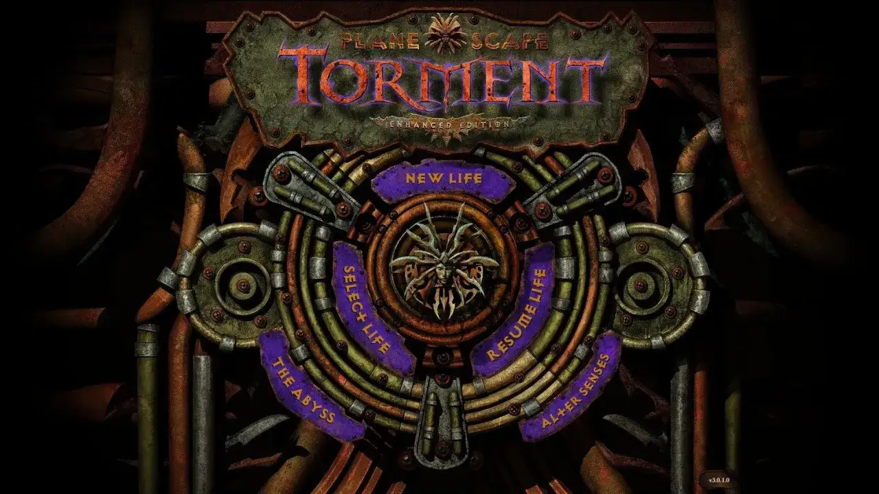 Menu gry Planescape Torment: Enhanced Edition. Centralny element to mechaniczna pajęcza istota. Opcje: New Life, Select+ Life, Resume Life, Alter Senses, The Abyss.