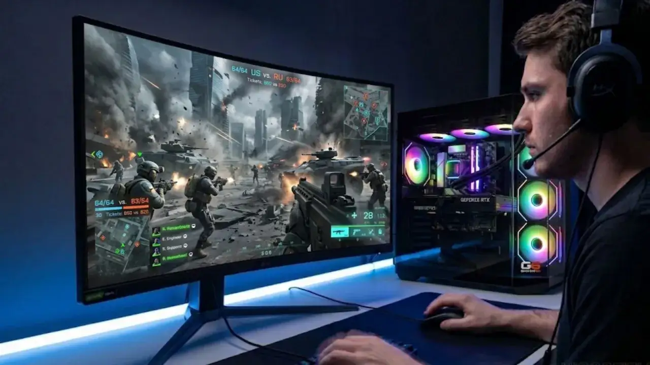 Gracz w słuchawkach gra w Battlefield 6 na komputerze z podświetlanymi wentylatorami. Sprawdź battlefield 6 wymagania, by cieszyć się taką grafiką!