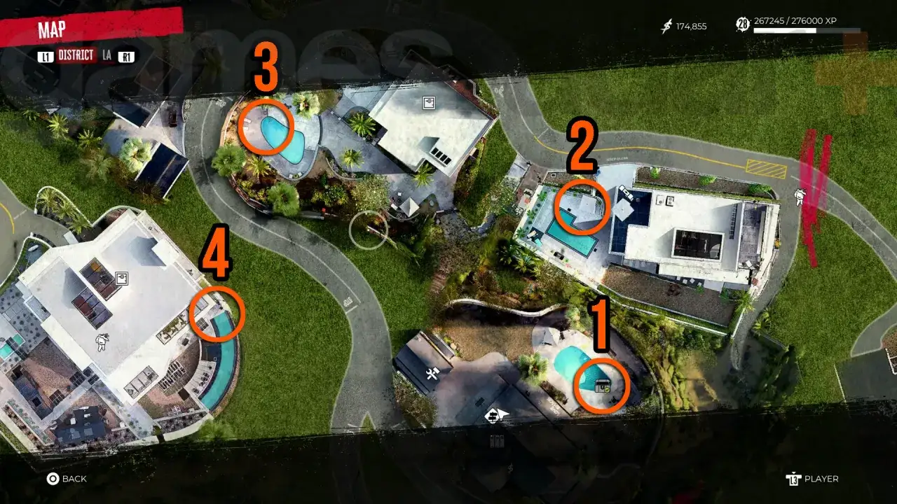 Mapa Dead Island 2: czysta kradzież! Cztery zaznaczone cele, luksusowe wille z basenami, gracze szukają łupów.