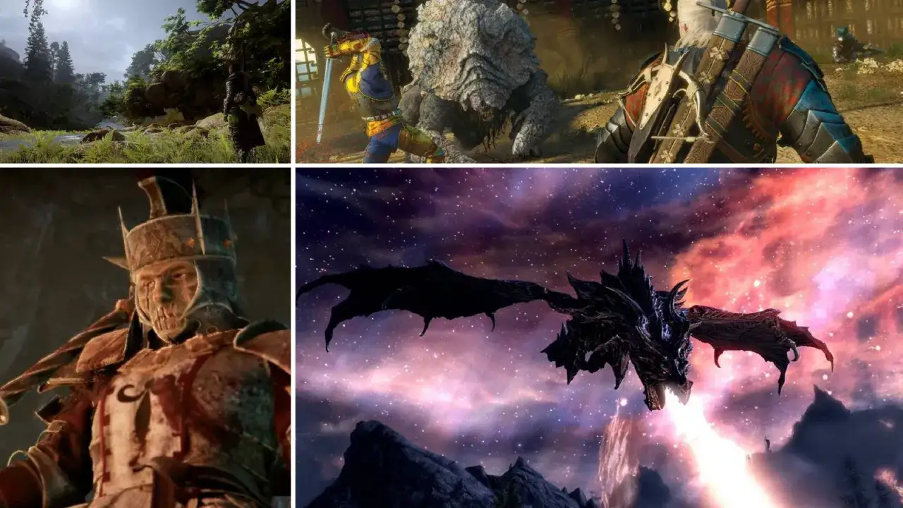 Gry podobne do Skyrim: bohater walczy z potworem, postać w zbroi, smok w kosmosie.
